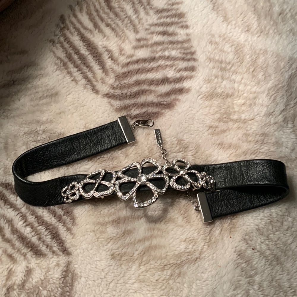 DKNY black leather and rhinestone flower choker
